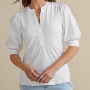 Soft Surroundings White Ribbed Henley Blouse with Puff Sleeves
